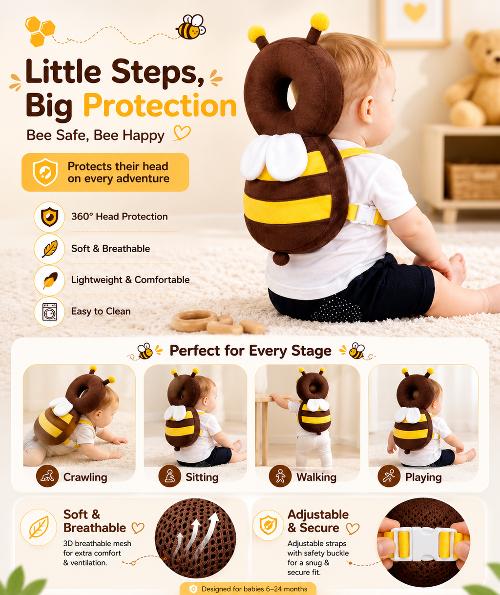 🐝 Baby Head Protector Backpack – Anti-Fall Safety Cushion