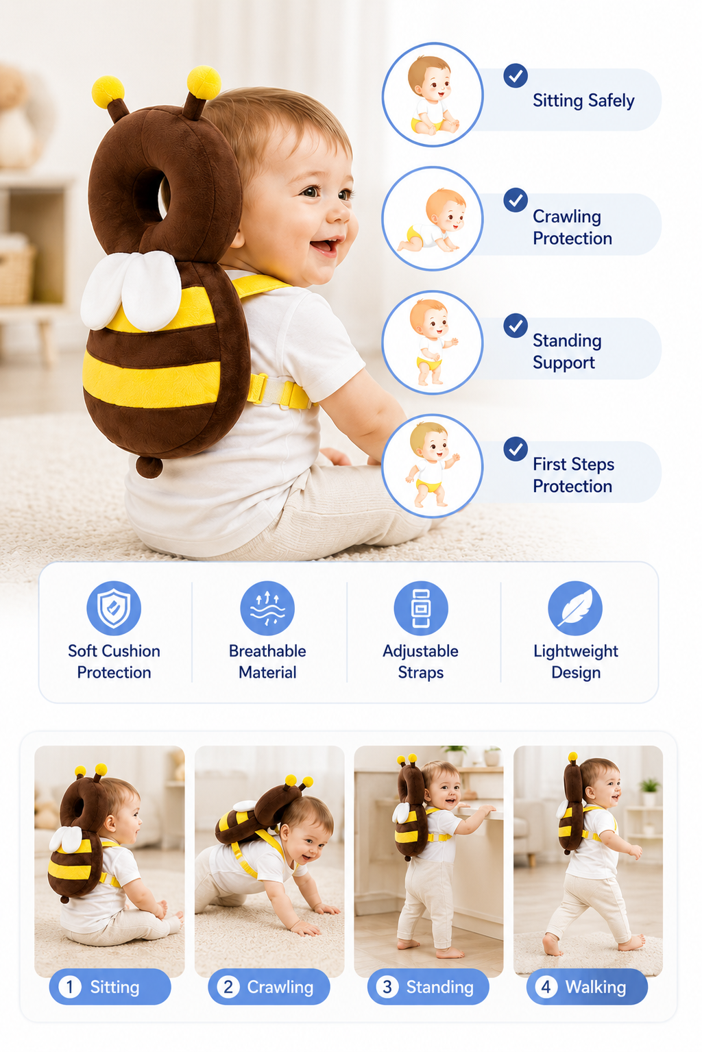 🐝 Baby Head Protector Backpack – Anti-Fall Safety Cushion